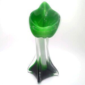 Art Glass 7.75" Tall Floral Design Decorative Vase Green Black White Glass Vase